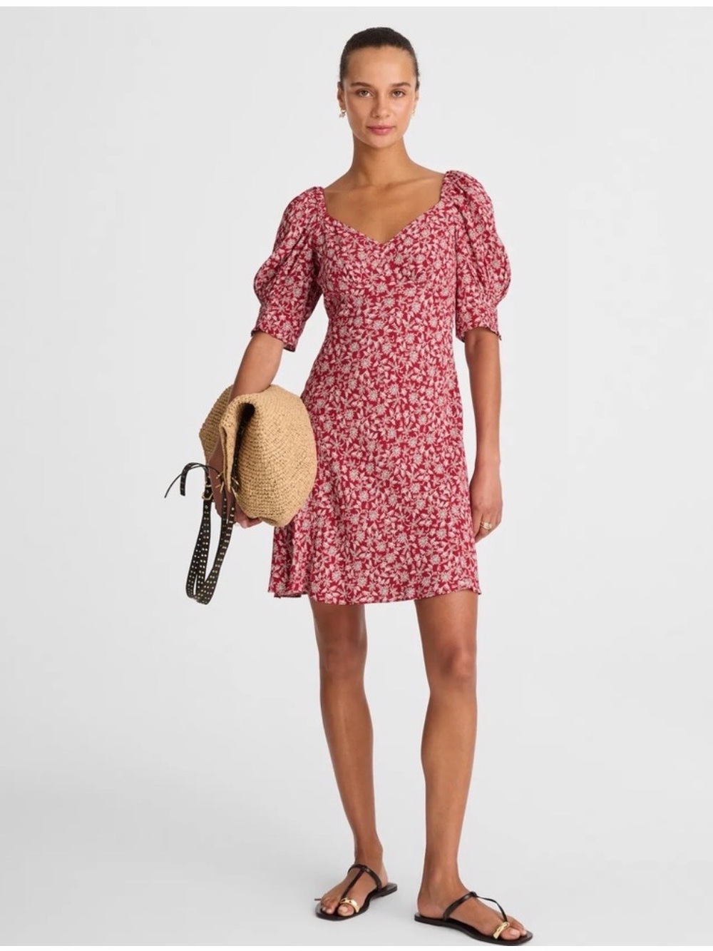 Madewell Red Floral Puff-Sleeve Mini Dress